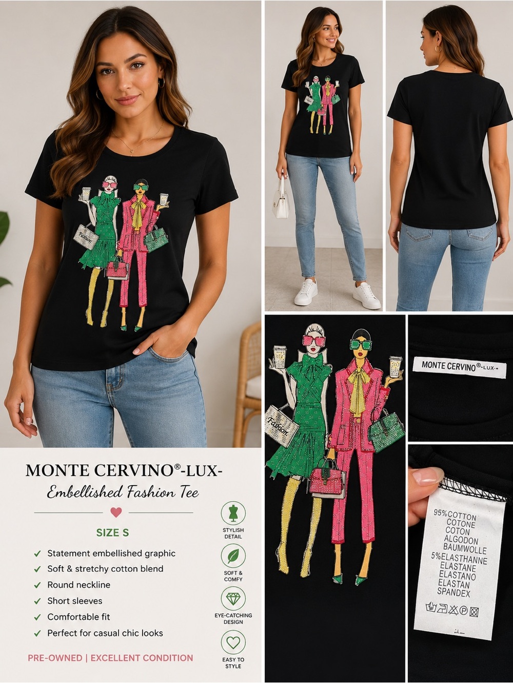 Monte Cervino Embellished Black Graphic Tee with Pink & Green Figures